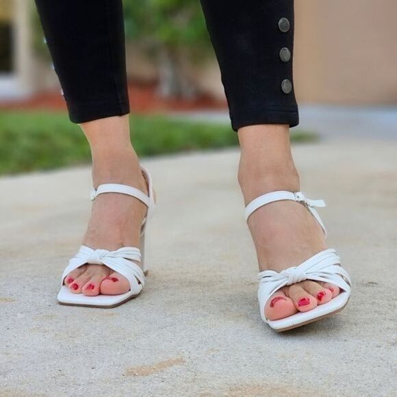 Women's Knotted Block Heel Ankle Strap Sandals White Color - Picture 2 of 7